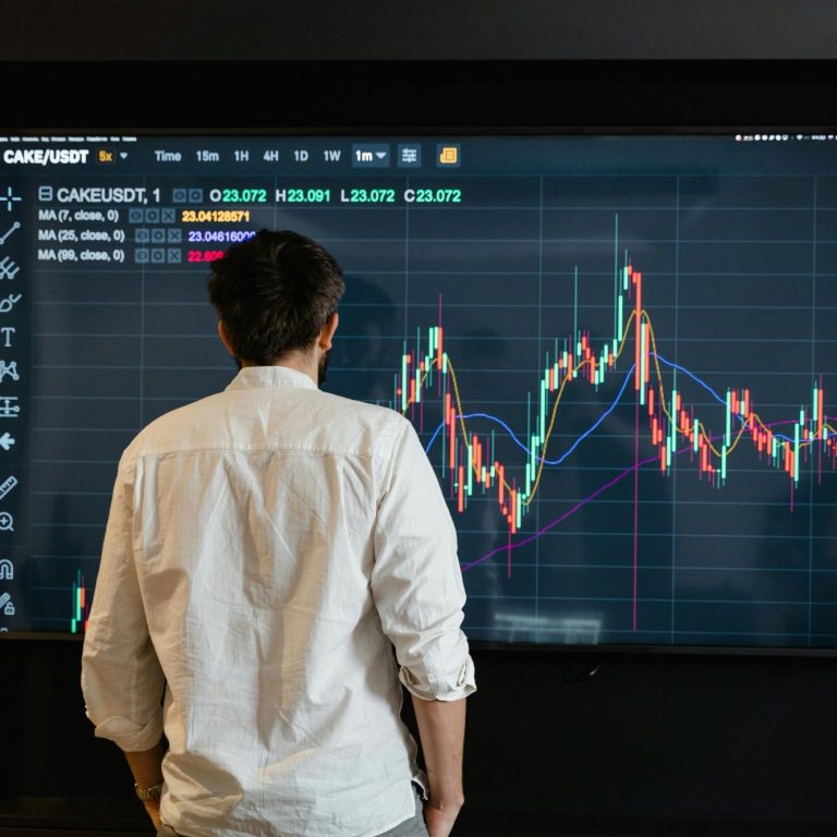 SME'S & START UPS SME/start up company owner and analysing financials performance using market data on a large screen with price charts and indicators.